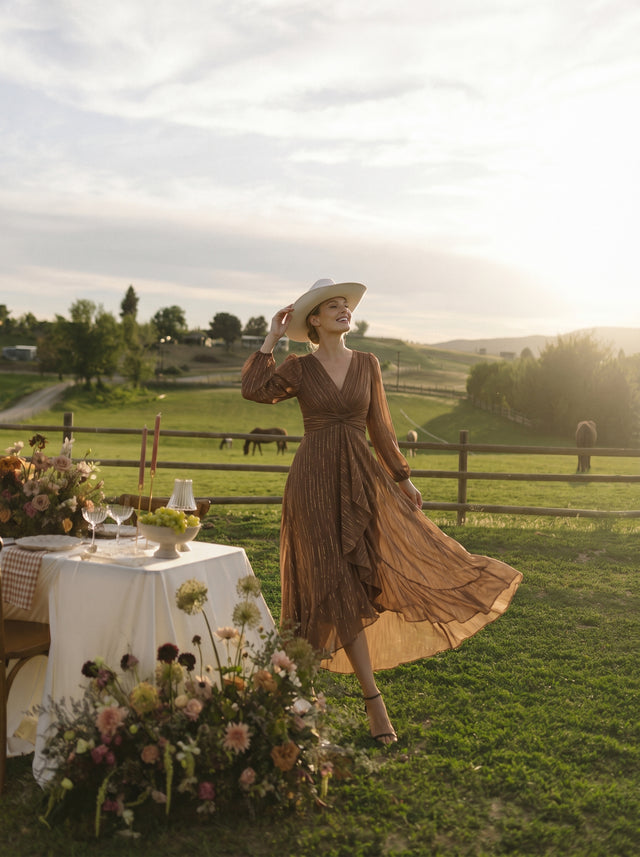 ever EMBER|See-Through Long Sleeve Twist Knot A-Line Lotus Leaf Shimmering Evening Dress Fan Photos 5
