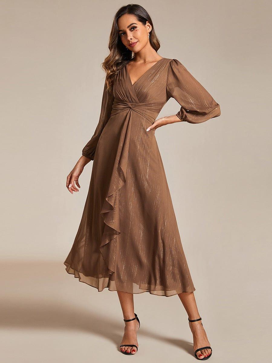 Custom Size See-Through Long Sleeve Twist Knot A-Line Lotus Leaf Shimmering Evening Dress #color_Emperador