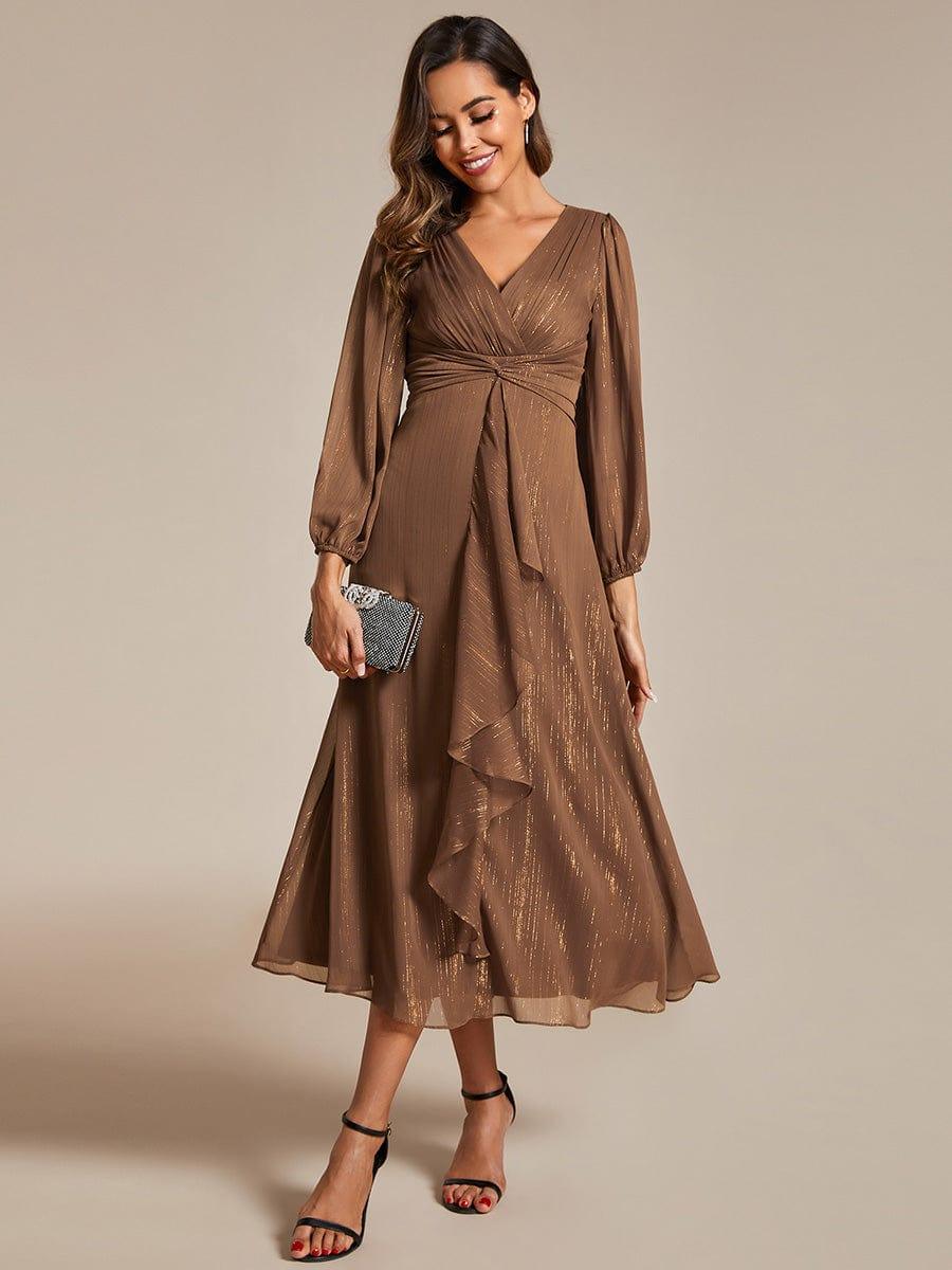 Custom Size See-Through Long Sleeve Twist Knot A-Line Lotus Leaf Shimmering Evening Dress #color_Emperador