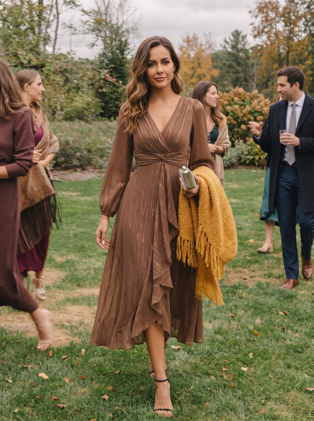 ever EMBER|See-Through Long Sleeve Twist Knot A-Line Lotus Leaf Shimmering Evening Dress Fan Photos 1
