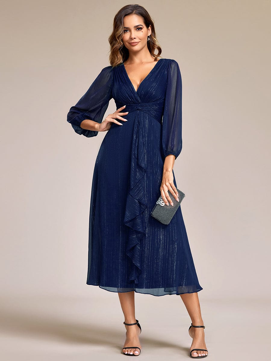 See-Through Long Sleeve Twist Knot A-Line Lotus Leaf Shimmering Evening Dress #color_Navy Blue