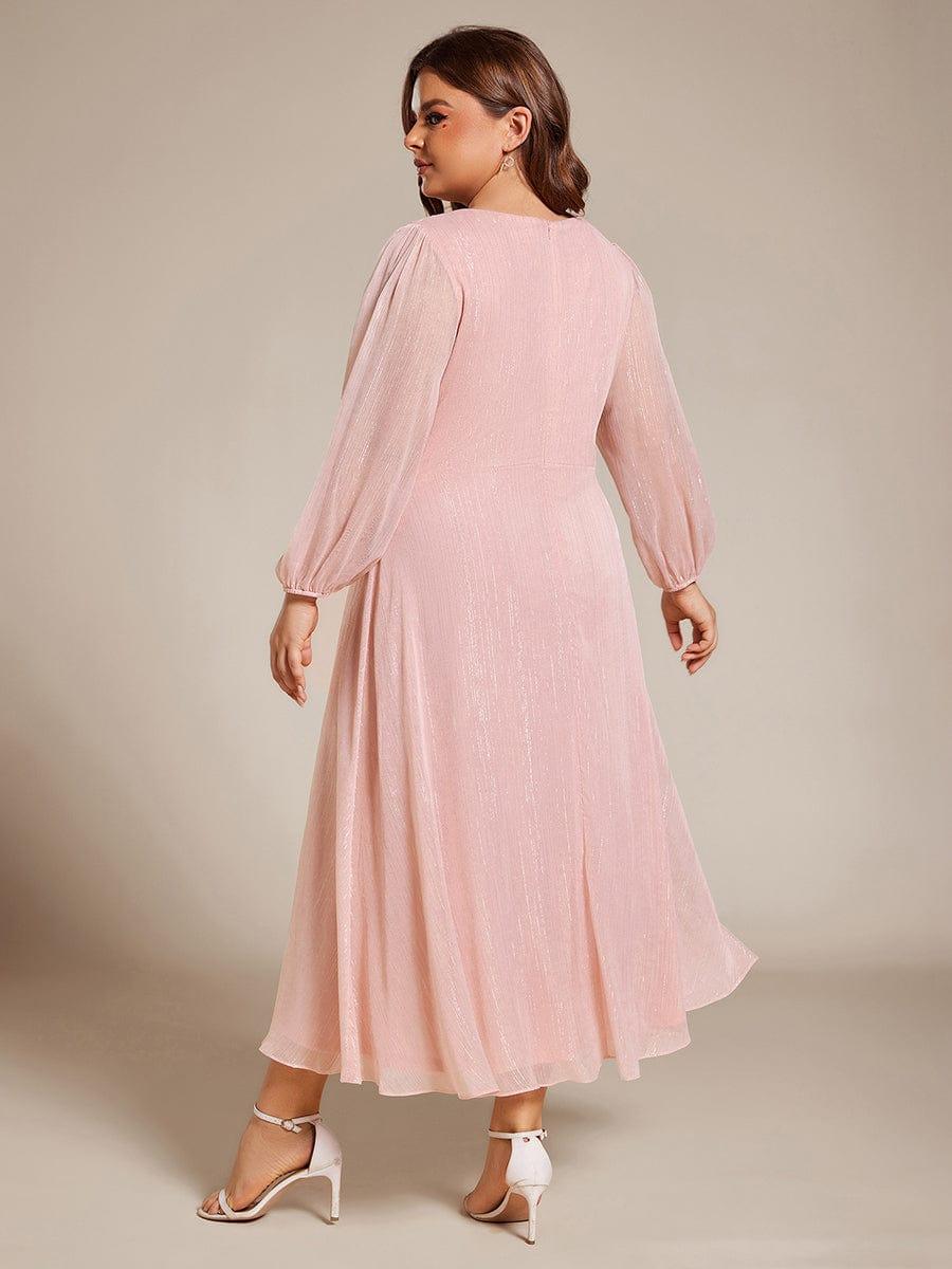 See-Through Long Sleeve Twist Knot A-Line Lotus Leaf Shimmering Evening Dress #color_Pink