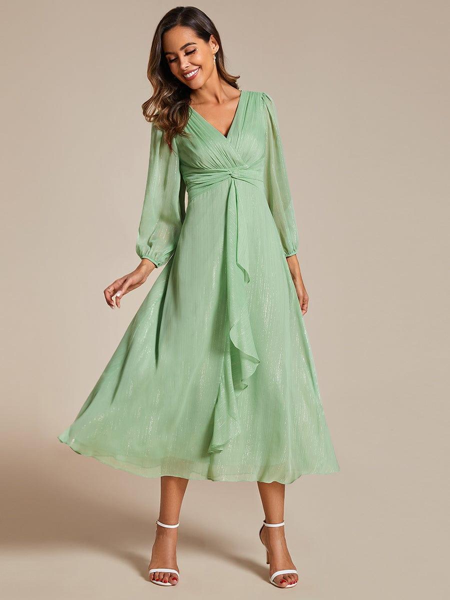 Long Sleeve A-Line Shimmering Evening Dress #color_Summer Green