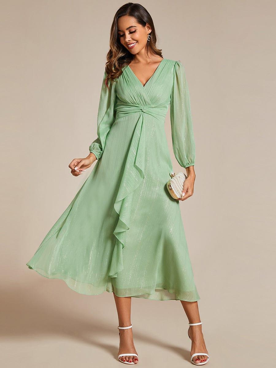 Long Sleeve A-Line Shimmering Evening Dress #color_Summer Green