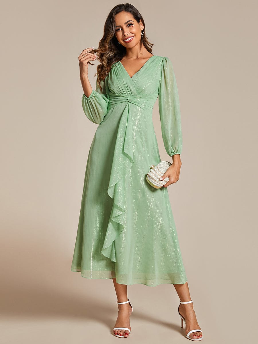 See-Through Long Sleeve Twist Knot A-Line Lotus Leaf Shimmering Evening Dress #color_Summer Green