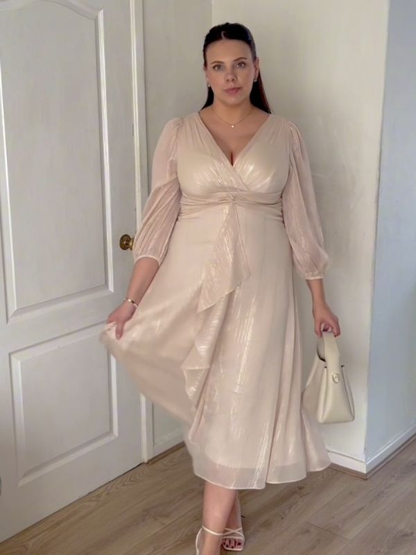 ever EMBER|See-Through Long Sleeve Twist Knot A-Line Lotus Leaf Shimmering Evening Dress Fan Photos 7
