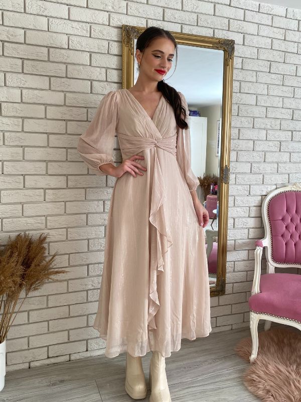ever EMBER|See-Through Long Sleeve Twist Knot A-Line Lotus Leaf Shimmering Evening Dress Fan Photos 19
