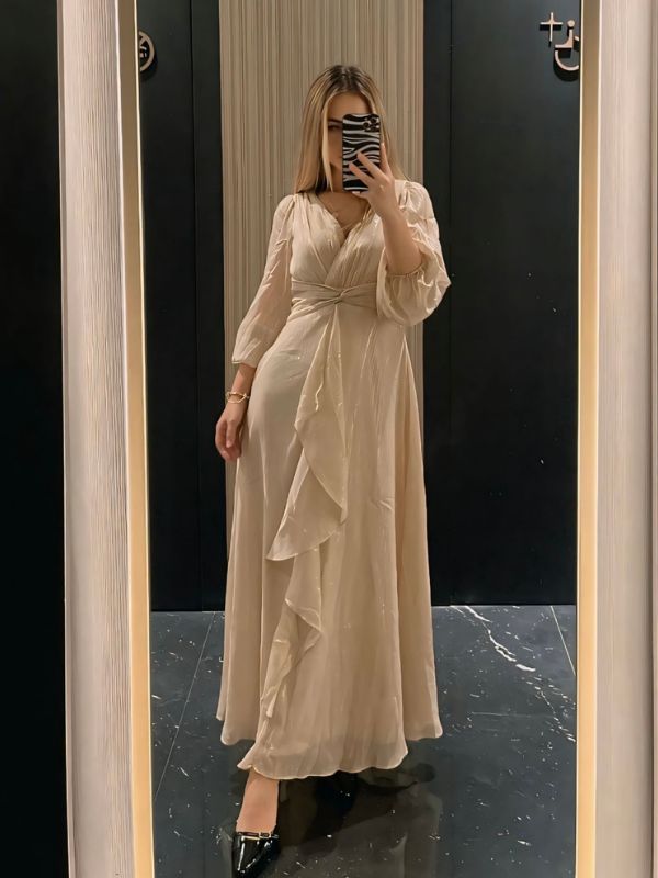 ever EMBER|See-Through Long Sleeve Twist Knot A-Line Lotus Leaf Shimmering Evening Dress Fan Photos 13
