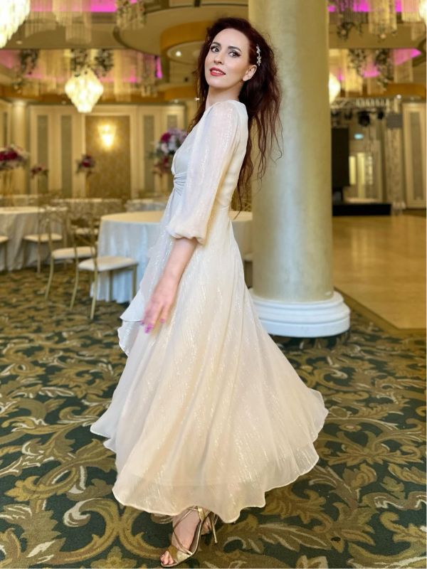 ever EMBER|See-Through Long Sleeve Twist Knot A-Line Lotus Leaf Shimmering Evening Dress Fan Photos 12
