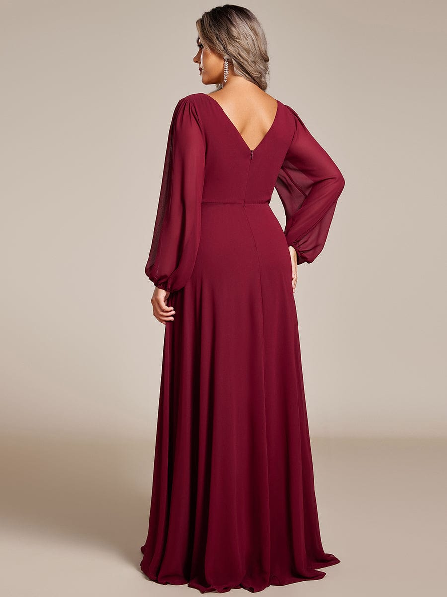 Plus Size A-Line V-Neck See-Through Long Sleeves Shiny Belt Chiffon Evening Dress #color_Burgundy