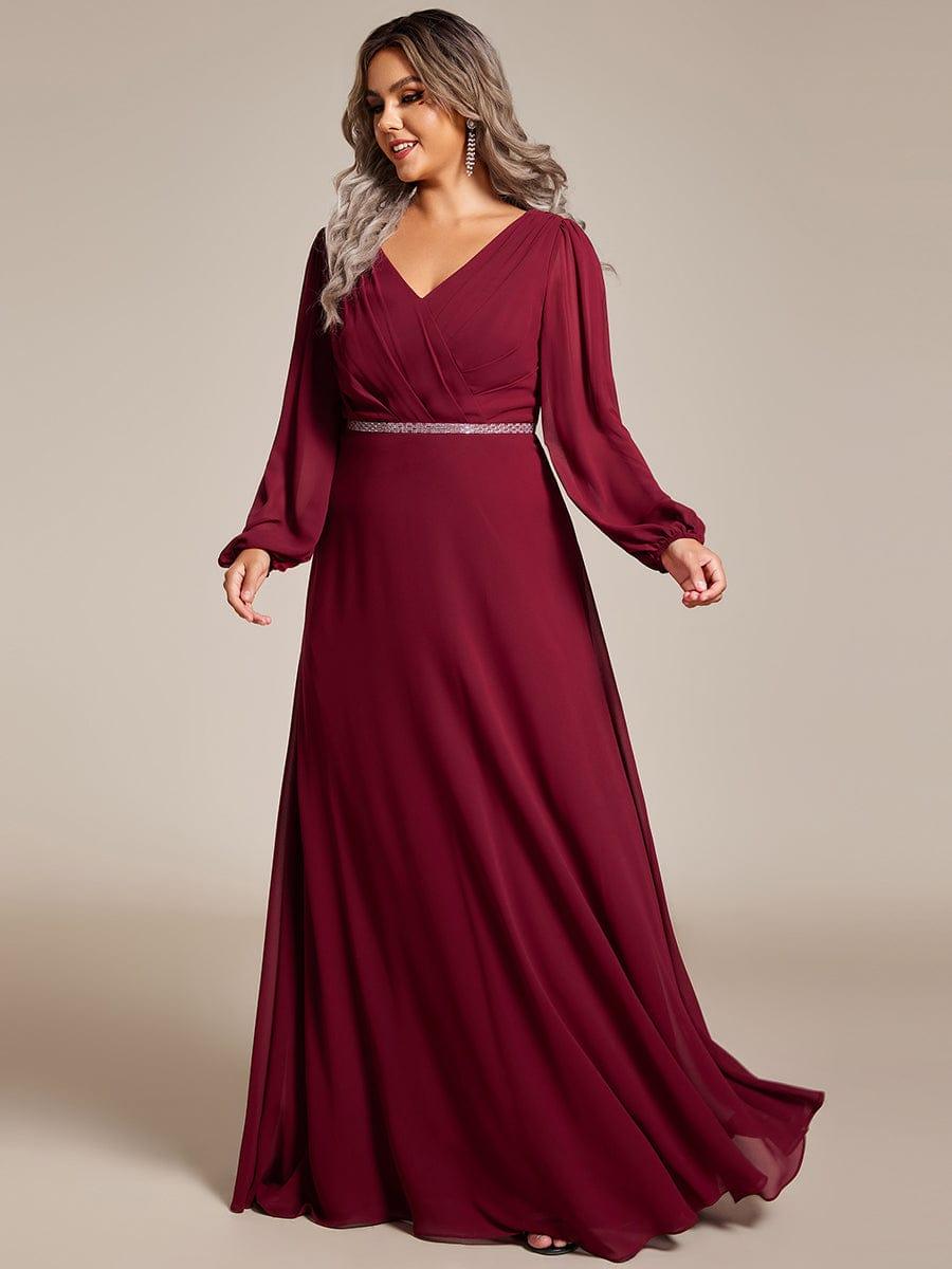 Plus Size A-Line V-Neck See-Through Long Sleeves Shiny Belt Chiffon Evening Dress #color_Burgundy