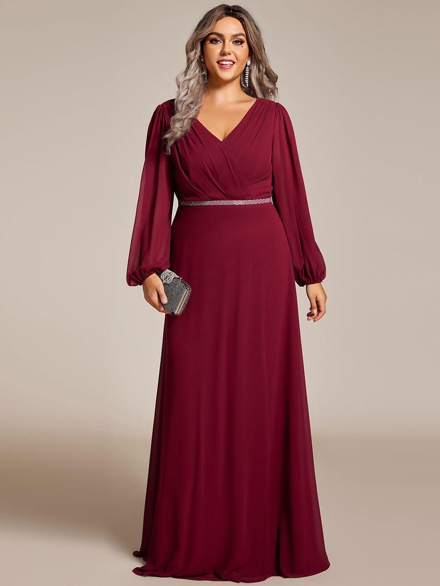 Plus Size A-Line V-Neck See-Through Long Sleeves Shiny Belt Chiffon Evening Dress #color_Burgundy