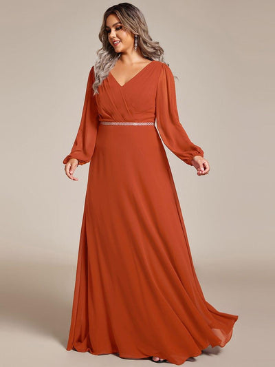 Plus Size A-Line V-Neck See-Through Long Sleeves Shiny Belt Chiffon Evening Dress #color_Burnt Orange