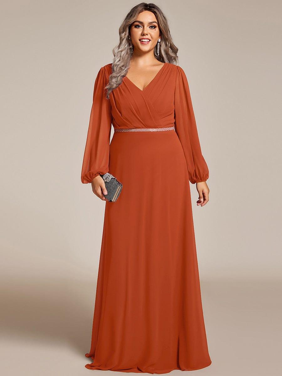 Plus Size A-Line V-Neck See-Through Long Sleeves Shiny Belt Chiffon Evening Dress #color_Burnt Orange