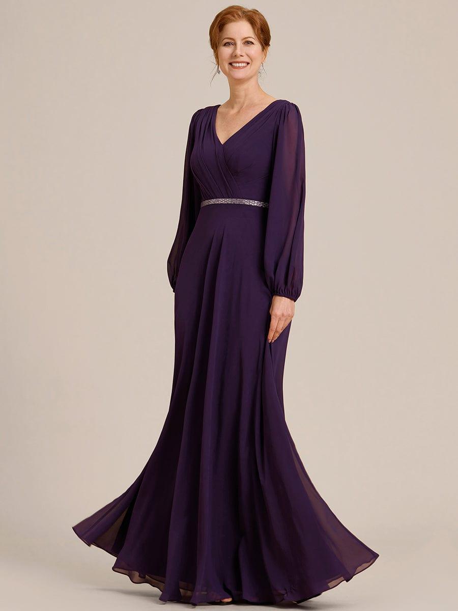 Ever-Pretty Chiffon Mother of The Bride Dress | Pleated Double V-Neck Long Sleeves with Shiny Belt Ever-Pretty Chiffon Mother of The Bride Dress | Pleated Double V-Neck Long Sleeves with Shiny Belt