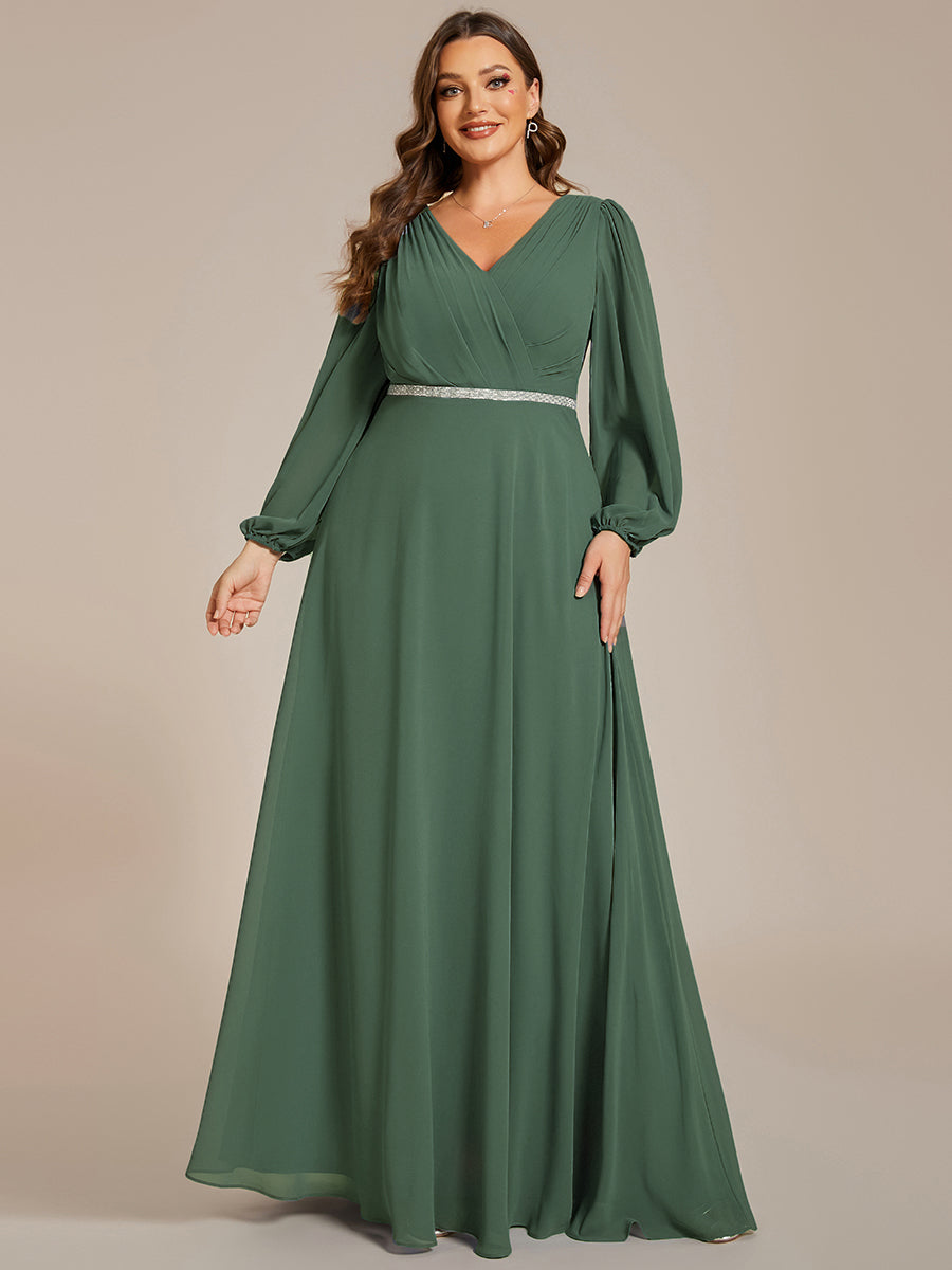 Pleated Double V-Neck Long Sleeves Shiny Belt Chiffon Evening Dress #color_EUcalyptus