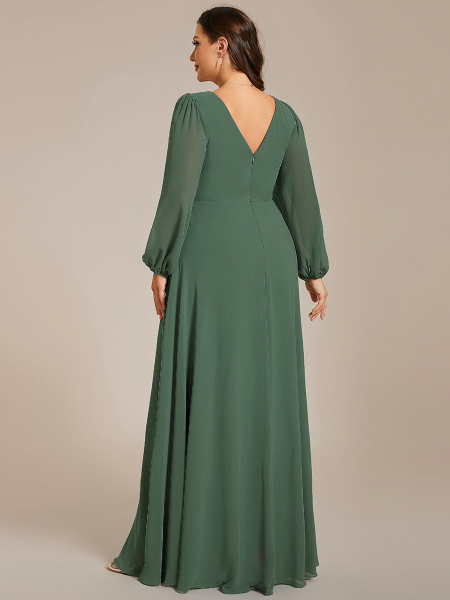 Pleated Double V-Neck Long Sleeves Shiny Belt Chiffon Evening Dress #color_EUcalyptus