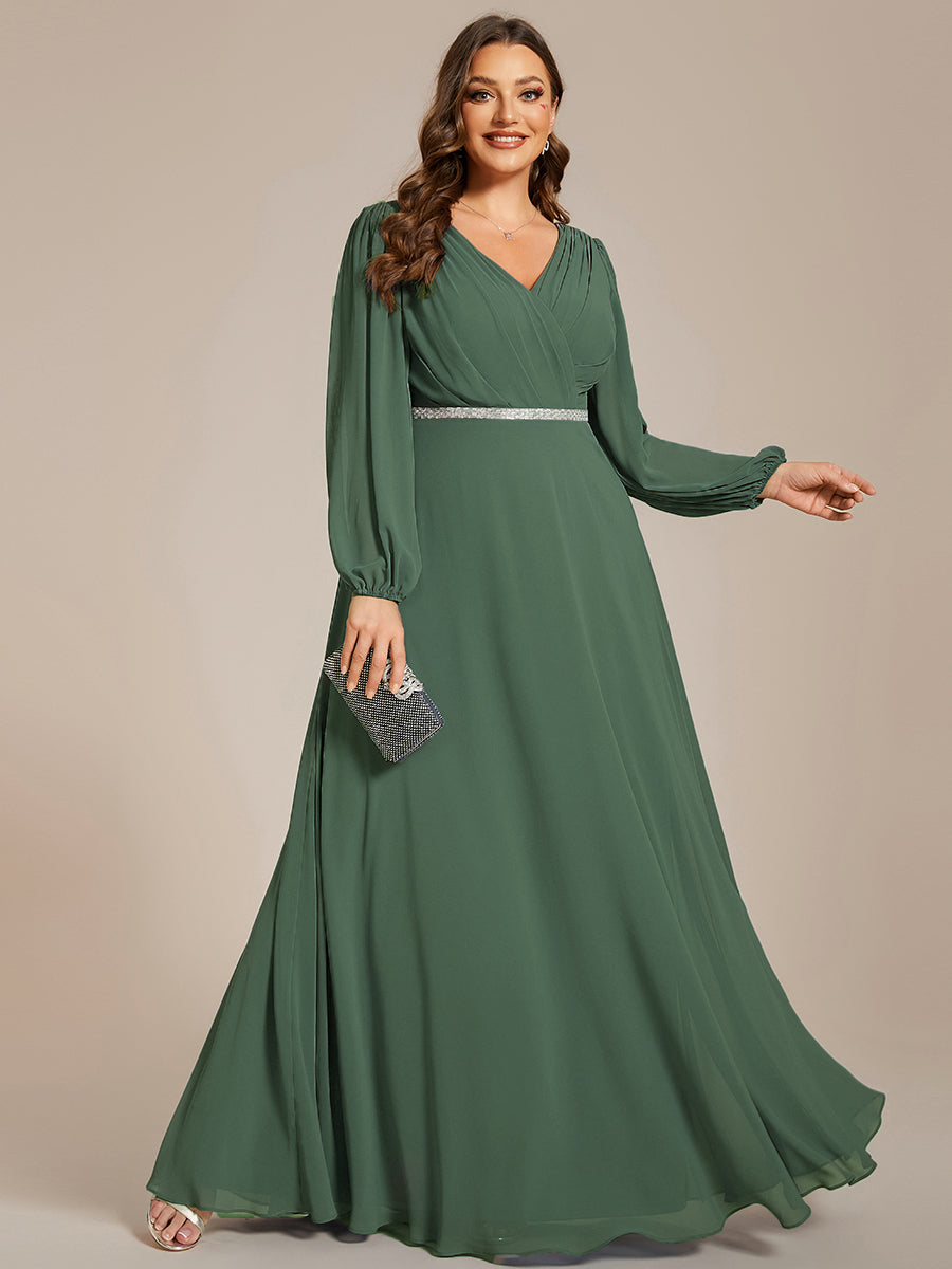 Pleated Double V-Neck Long Sleeves Shiny Belt Chiffon Evening Dress #color_EUcalyptus