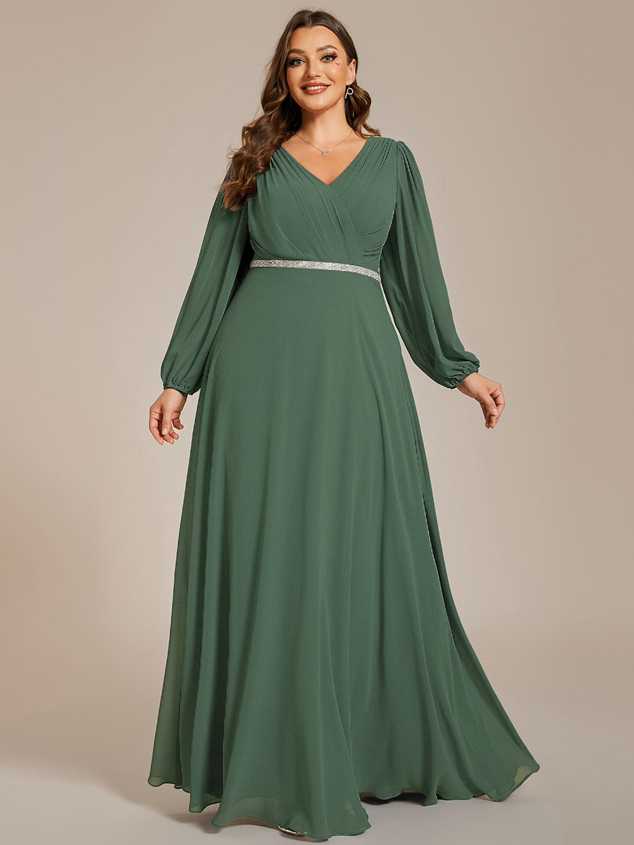 Pleated Double V-Neck Long Sleeves Shiny Belt Chiffon Evening Dress #color_EUcalyptus