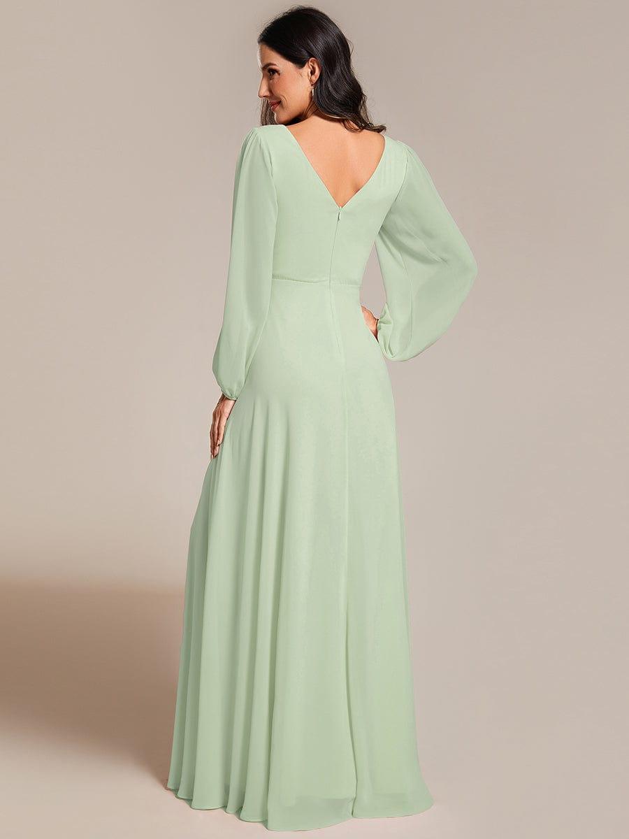 Plus Size A-Line V-Neck See-Through Long Sleeves Shiny Belt Chiffon Evening Dress #color_Mint Green