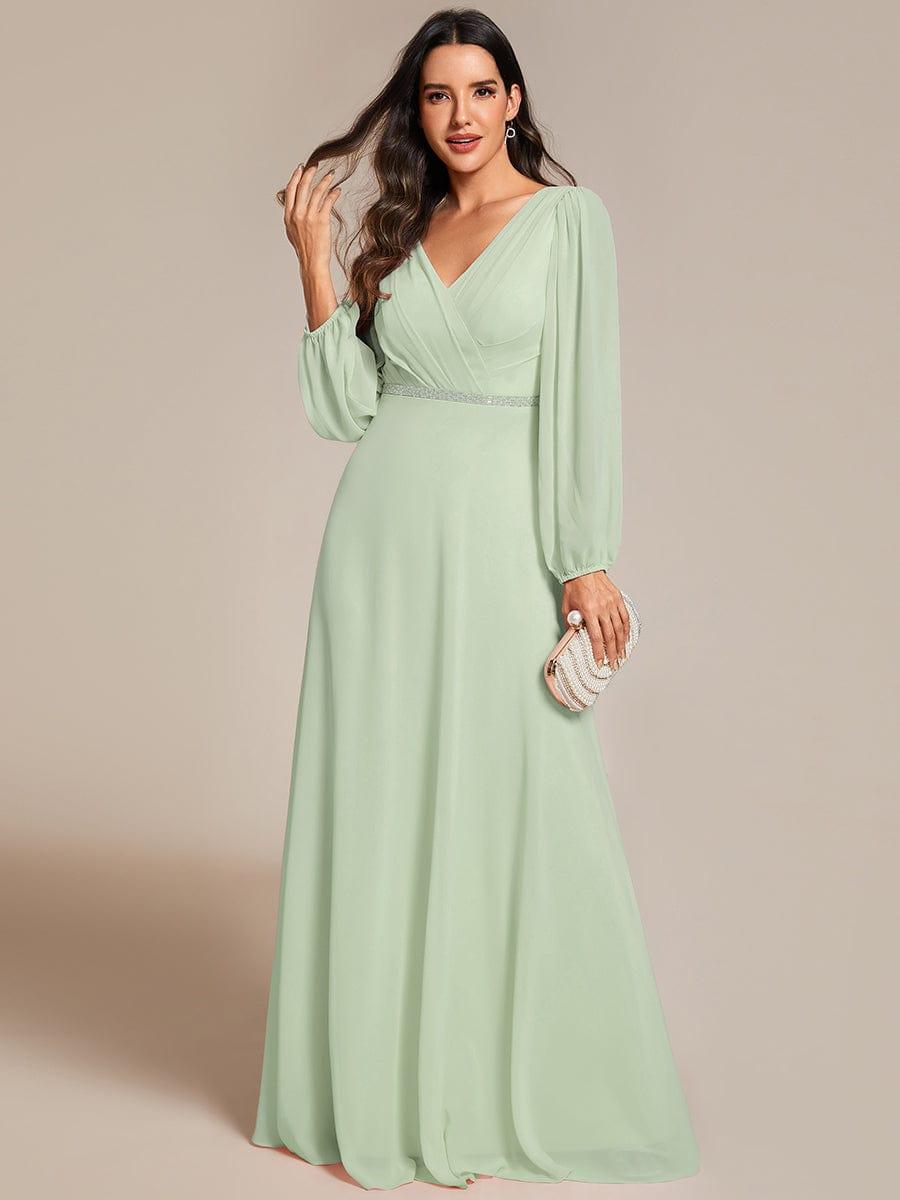 Plus Size A-Line V-Neck See-Through Long Sleeves Shiny Belt Chiffon Evening Dress #color_Mint Green