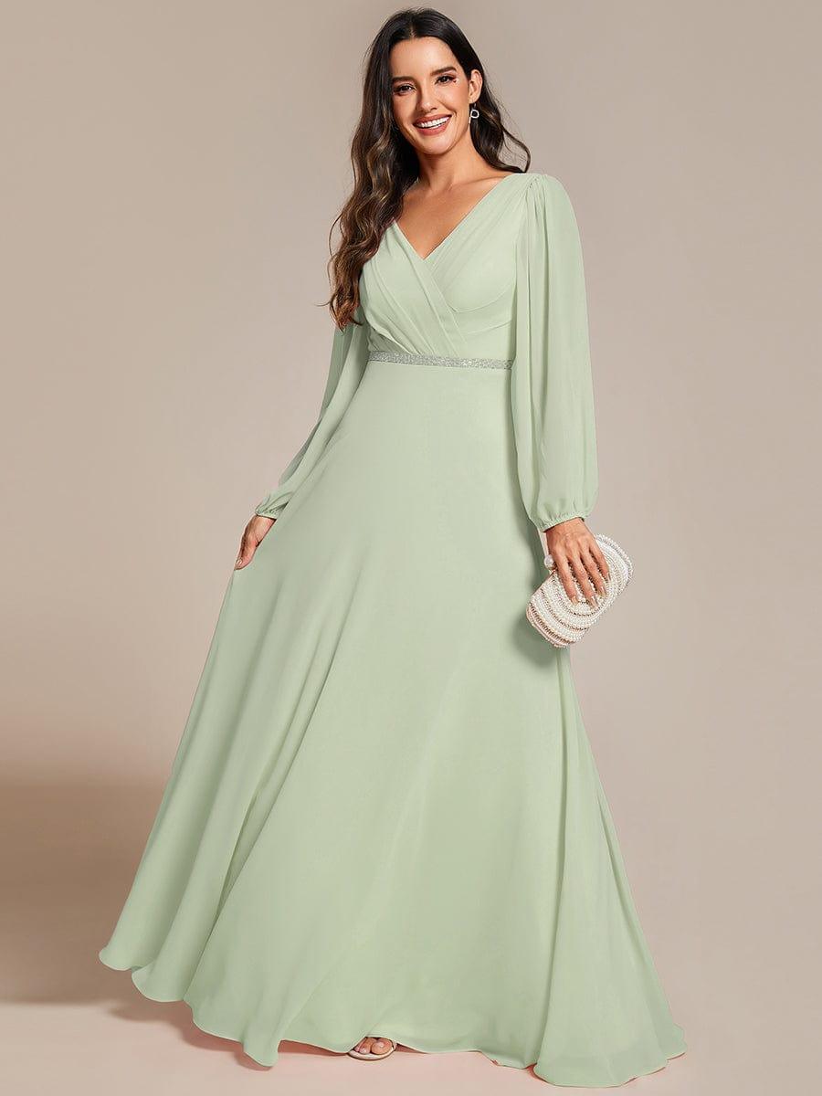 Plus Size A-Line V-Neck See-Through Long Sleeves Shiny Belt Chiffon Evening Dress #color_Mint Green