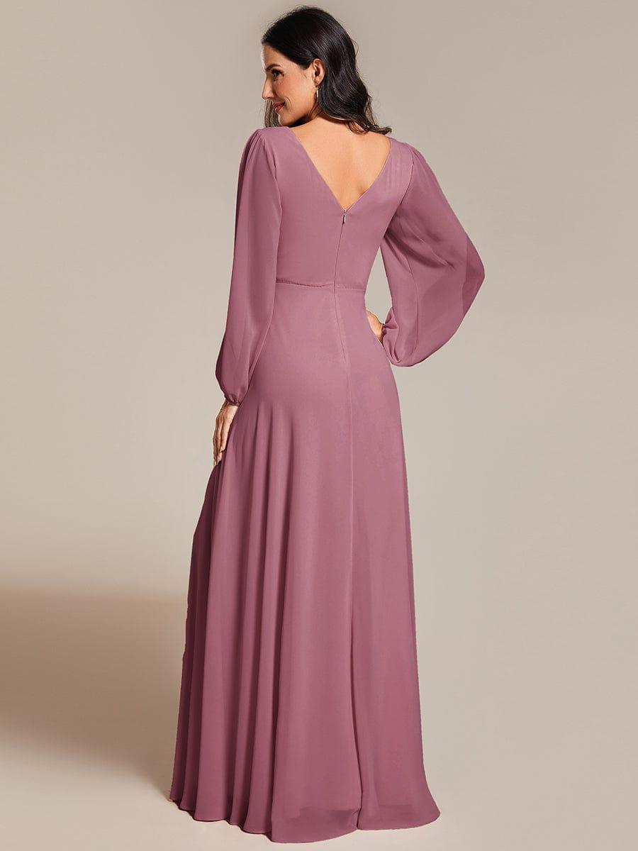 Plus Size A-Line V-Neck See-Through Long Sleeves Shiny Belt Chiffon Evening Dress #color_Purplr Orchid
