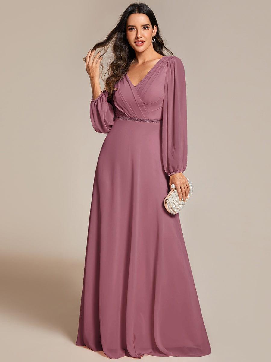 Plus Size A-Line V-Neck See-Through Long Sleeves Shiny Belt Chiffon Evening Dress #color_Purplr Orchid