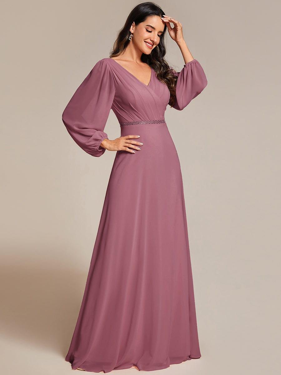 Plus Size A-Line V-Neck See-Through Long Sleeves Shiny Belt Chiffon Evening Dress #color_Purplr Orchid