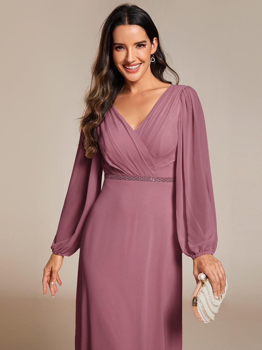 Plus Size A-Line V-Neck See-Through Long Sleeves Shiny Belt Chiffon Evening Dress #color_Purplr Orchid