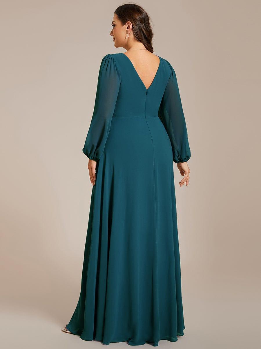 Plus Size A-Line V-Neck See-Through Long Sleeves Shiny Belt Chiffon Evening Dress #color_Teal