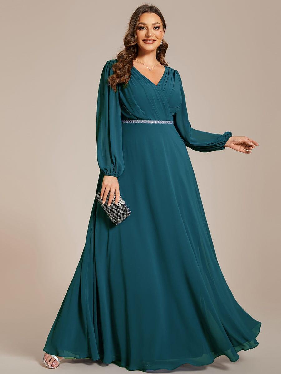 Plus Size A-Line V-Neck See-Through Long Sleeves Shiny Belt Chiffon Evening Dress #color_Teal
