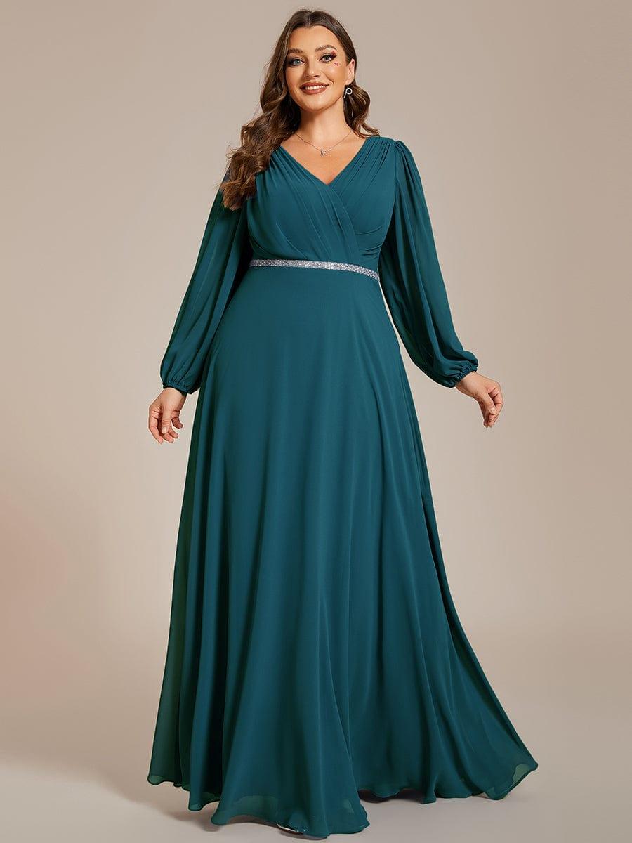 Plus Size A-Line V-Neck See-Through Long Sleeves Shiny Belt Chiffon Evening Dress #color_Teal