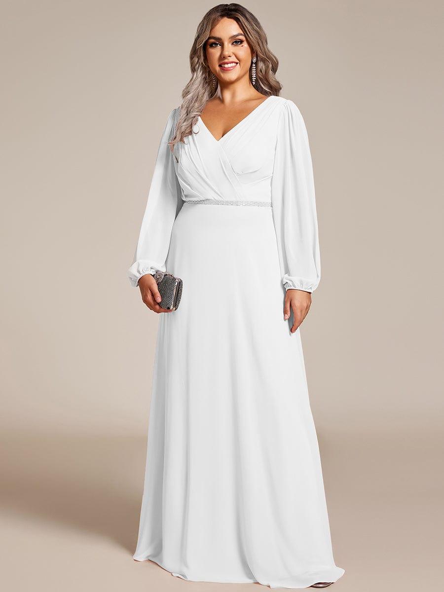 Plus Size A-Line V-Neck See-Through Long Sleeves Shiny Belt Chiffon Evening Dress #color_White