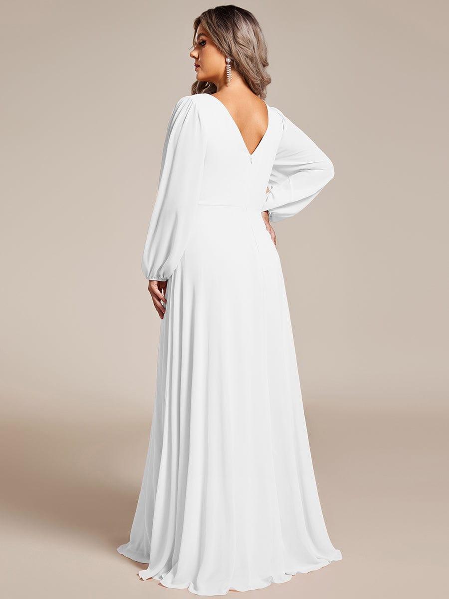 Plus Size A-Line V-Neck See-Through Long Sleeves Shiny Belt Chiffon Evening Dress #color_White
