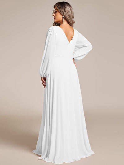 Plus Size A-Line V-Neck See-Through Long Sleeves Shiny Belt Chiffon Evening Dress #color_White