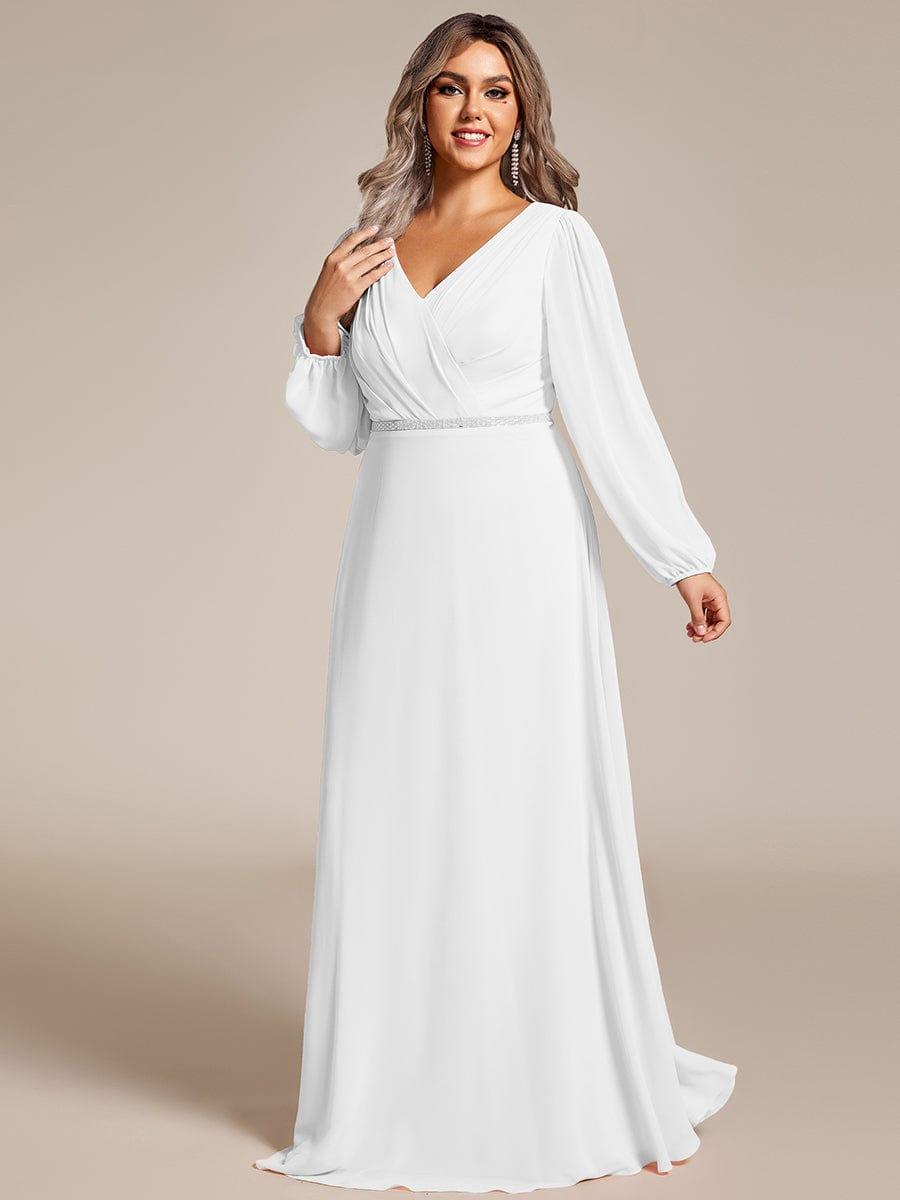 Plus Size A-Line V-Neck See-Through Long Sleeves Shiny Belt Chiffon Evening Dress #color_White