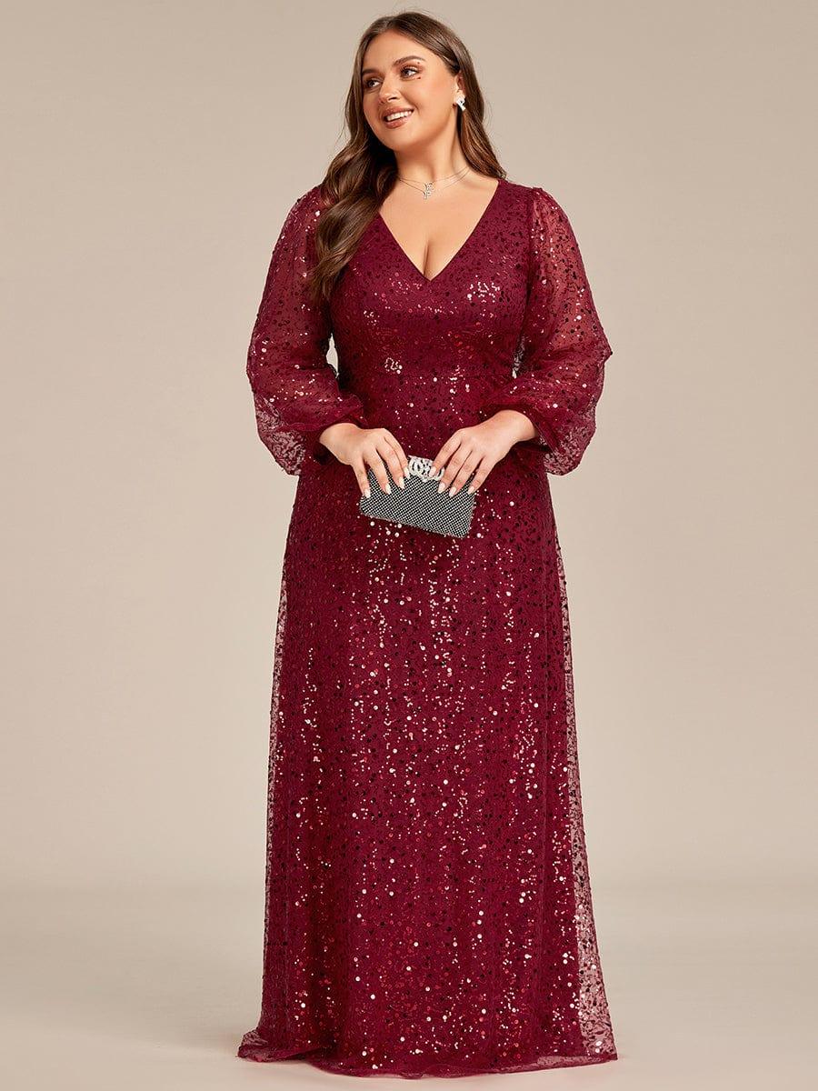 Custom Size Shimmering All Over V-Neck Long Lantern Sleeve Sequin A-Line Evening Dress #color_Burgundy
