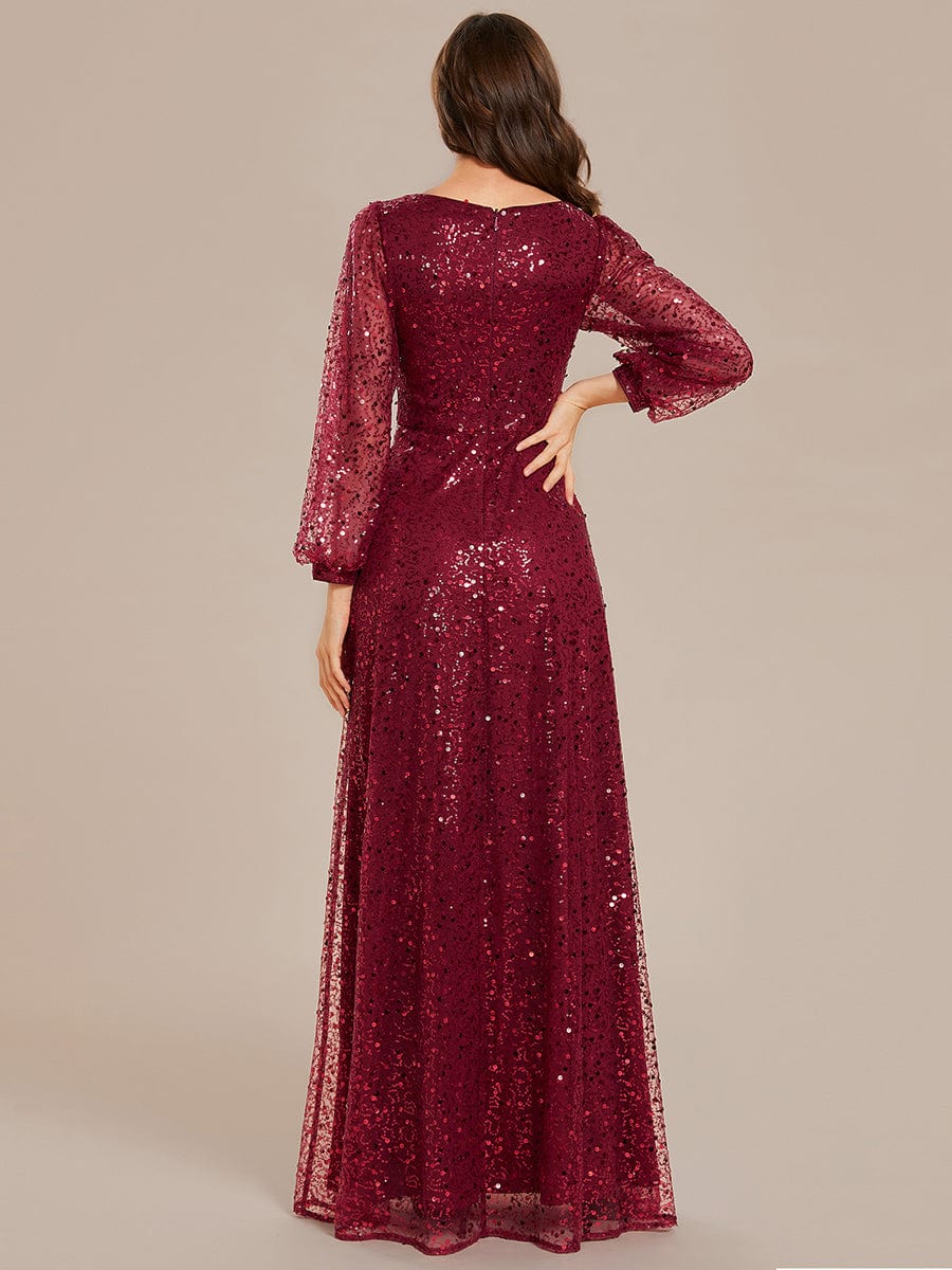 Custom Size Shimmering All Over V-Neck Long Lantern Sleeve Sequin A-Line Evening Dress #color_Burgundy