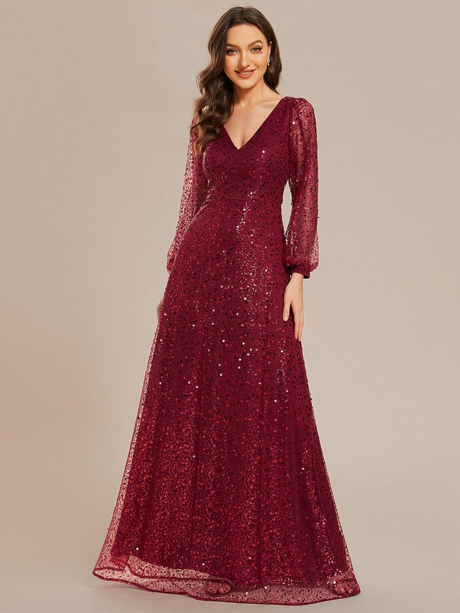 Custom Size Shimmering All Over V-Neck Long Lantern Sleeve Sequin A-Line Evening Dress #color_Burgundy