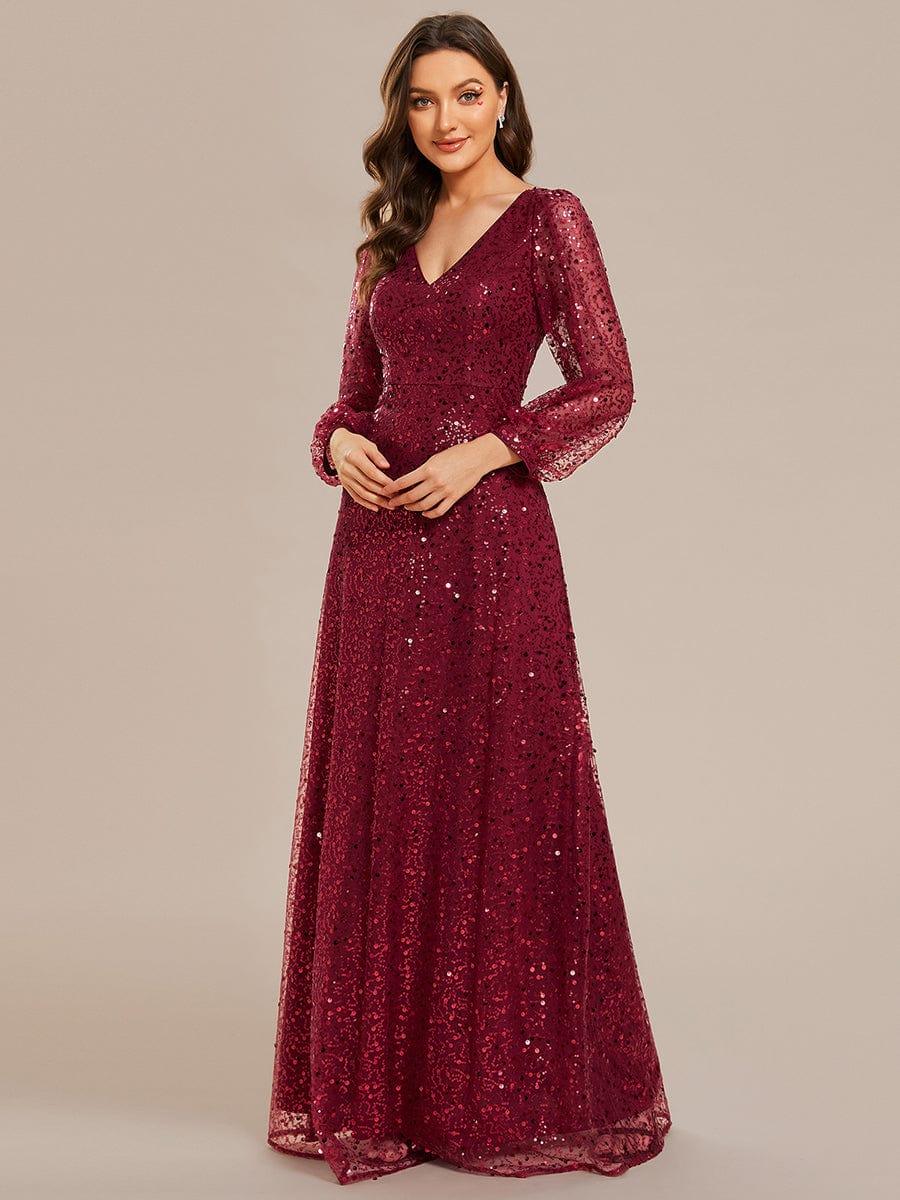 Custom Size Shimmering All Over V-Neck Long Lantern Sleeve Sequin A-Line Evening Dress #color_Burgundy