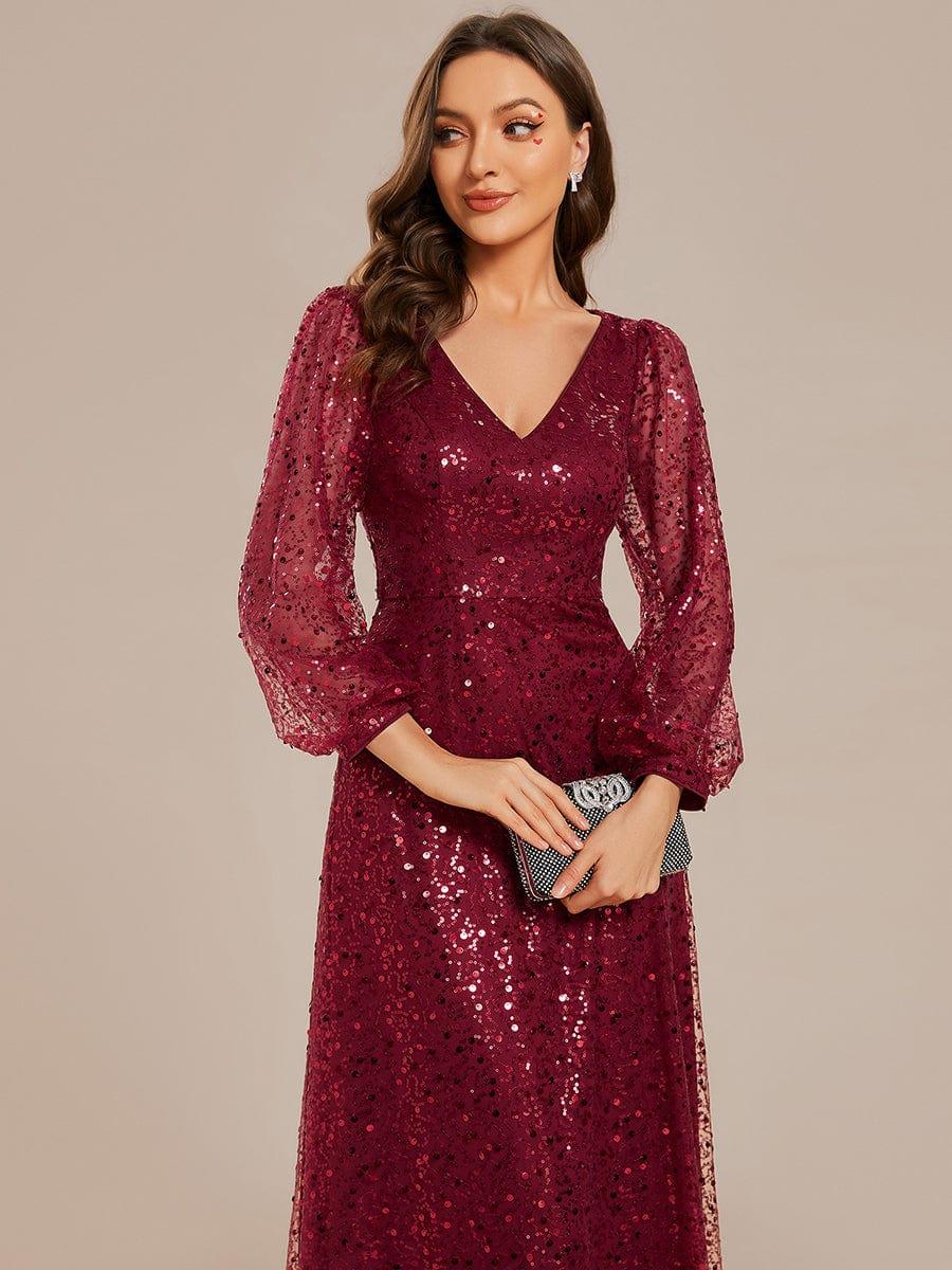 Custom Size Shimmering All Over V-Neck Long Lantern Sleeve Sequin A-Line Evening Dress #color_Burgundy