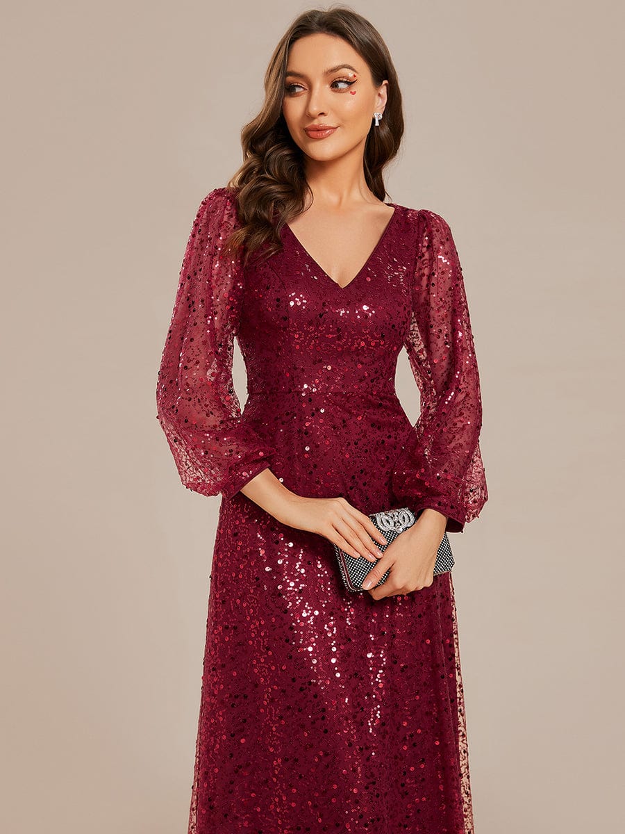 Custom Size Shimmering All Over V-Neck Long Lantern Sleeve Sequin A-Line Evening Dress