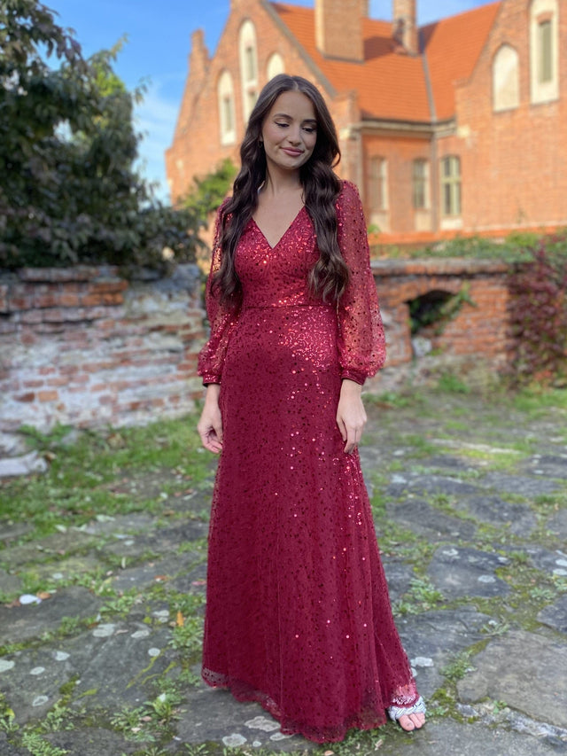 ever RAYVEN|Shimmering All Over V-Neck Long Lantern Sleeve Sequin A-Line Evening Dress Fan Photos 2
