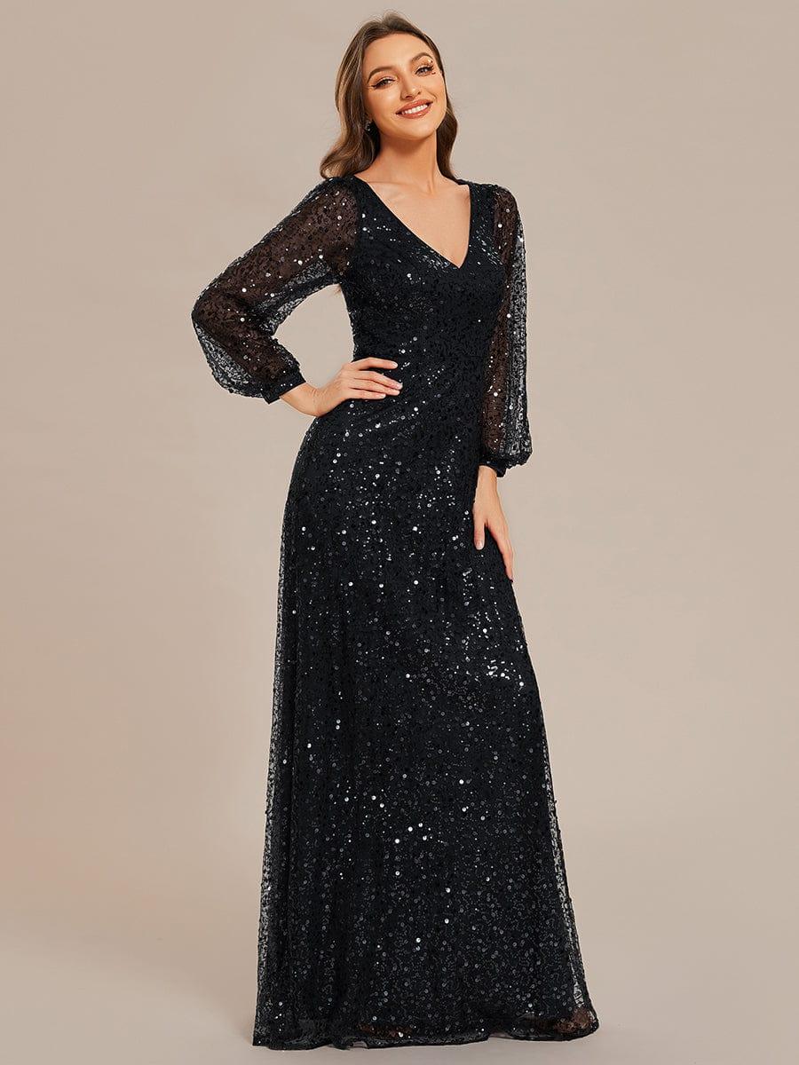 Custom Size Shimmering All Over V-Neck Long Lantern Sleeve Sequin A-Line Evening Dress #color_Black