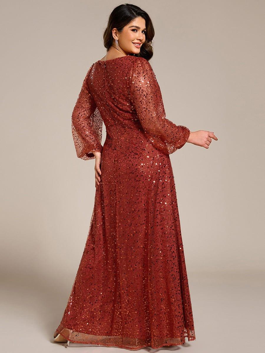 Plus Size V-Neck Lantern Long Sleeve Sequin A-Line Evening Dress #color_Burnt Orange