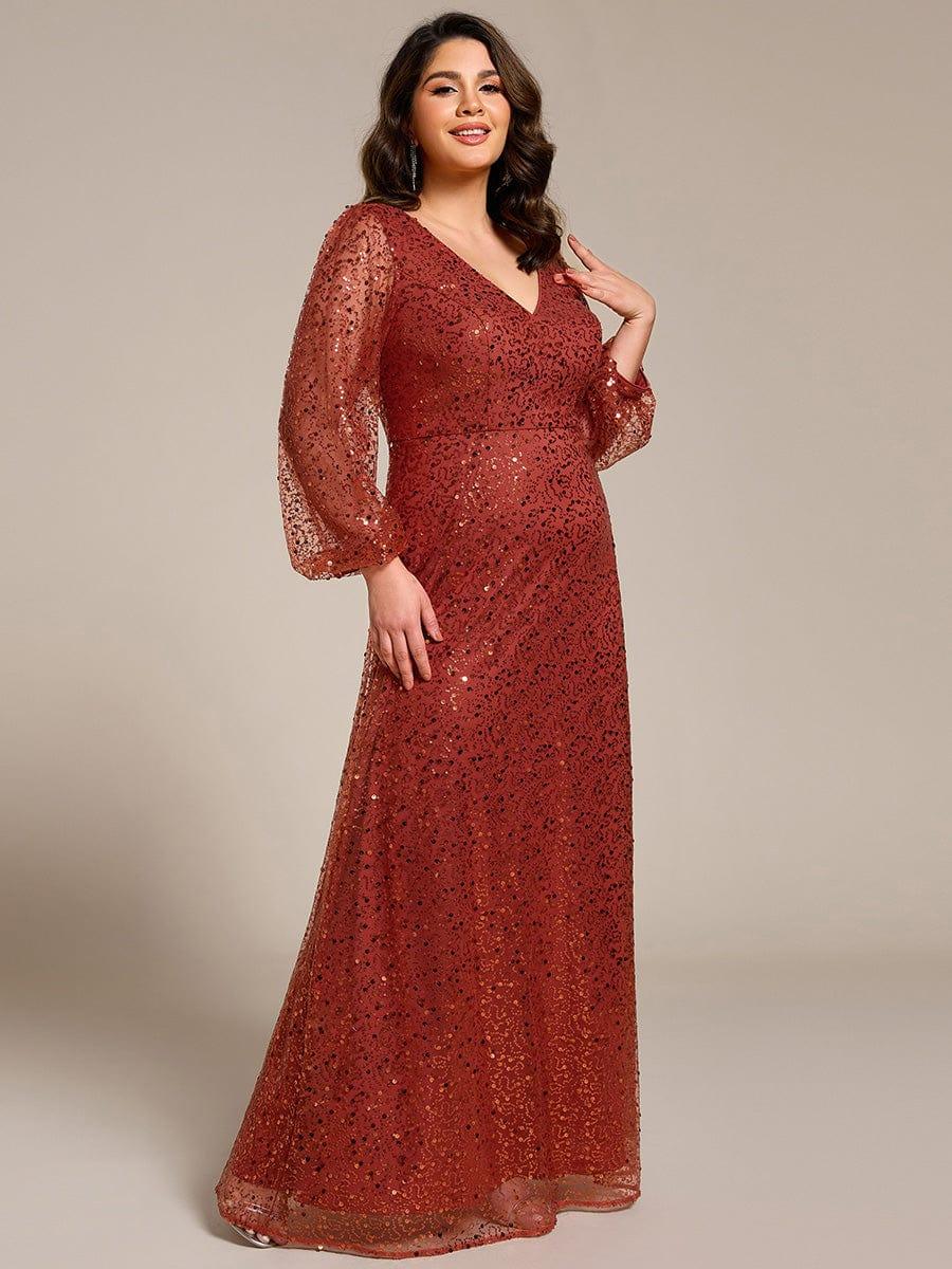 Plus Size V-Neck Lantern Long Sleeve Sequin A-Line Evening Dress #color_Burnt Orange