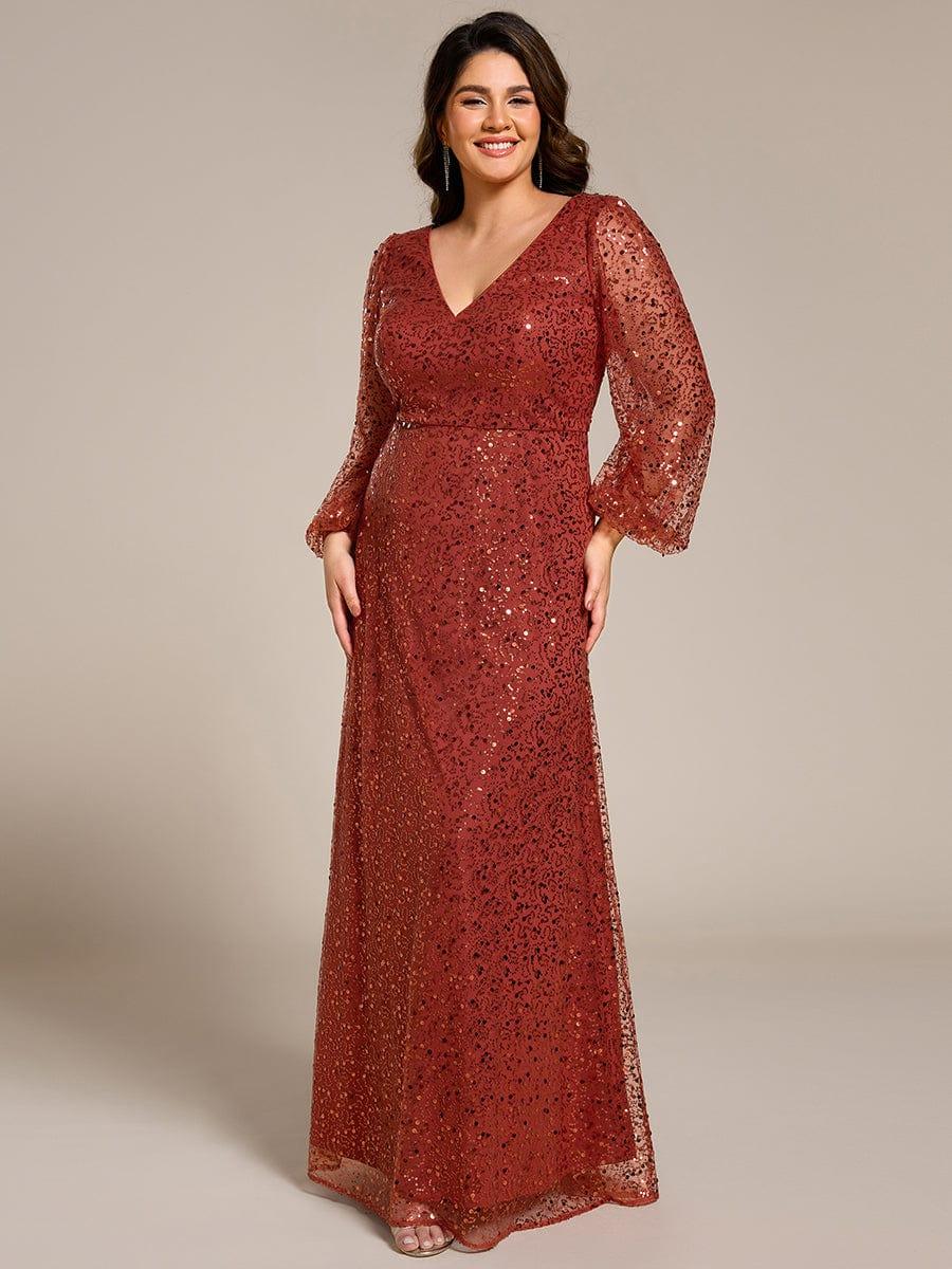 Plus Size V-Neck Lantern Long Sleeve Sequin A-Line Evening Dress #color_Burnt Orange