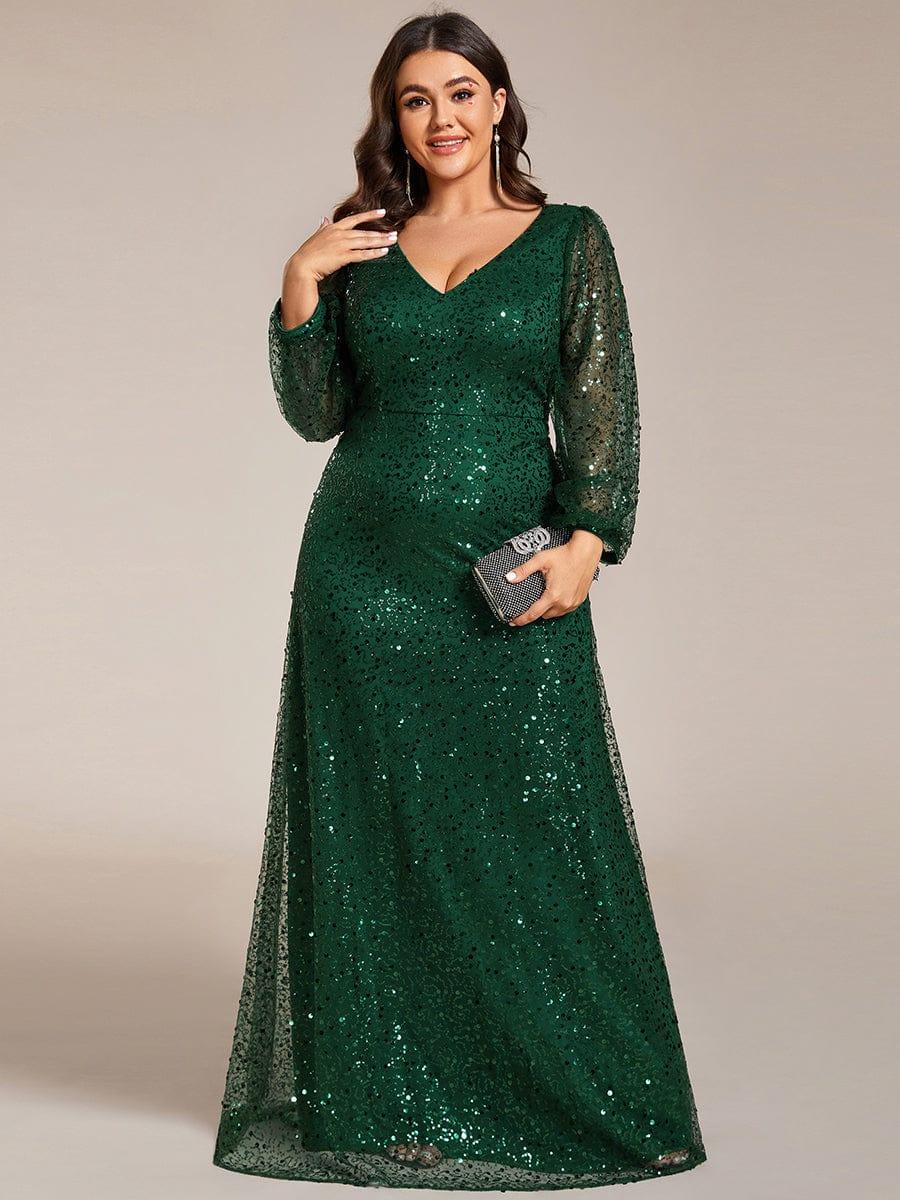 Custom Size Shimmering All Over V-Neck Long Lantern Sleeve Sequin A-Line Evening Dress #color_Dark Green