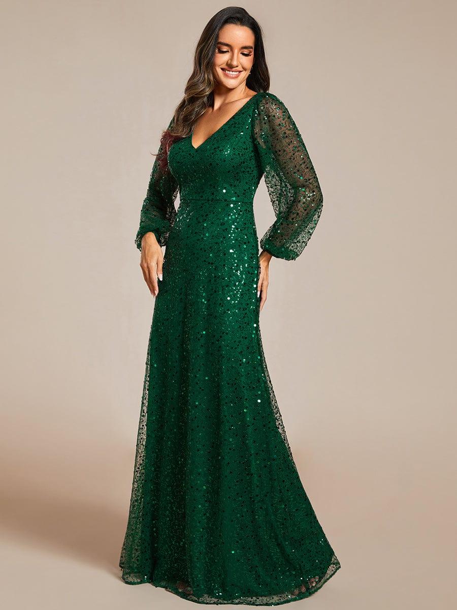 Custom Size Shimmering All Over V-Neck Long Lantern Sleeve Sequin A-Line Evening Dress #color_Dark Green